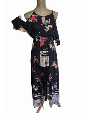 Angie Floral Off-Shoulder Romper Dress Black Red Womens Small Shorts Underneath